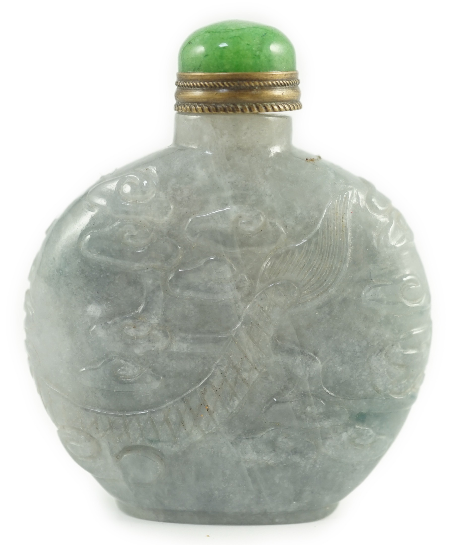 A Chinese jadeite ‘dragon’ snuff bottle, c.1800-1900, 4.9cm high, jadeite mounted stopper